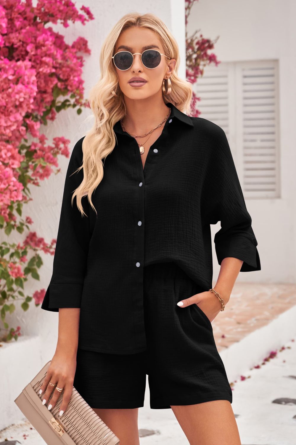 Robyn Textured Shirt and Shorts Set in Black